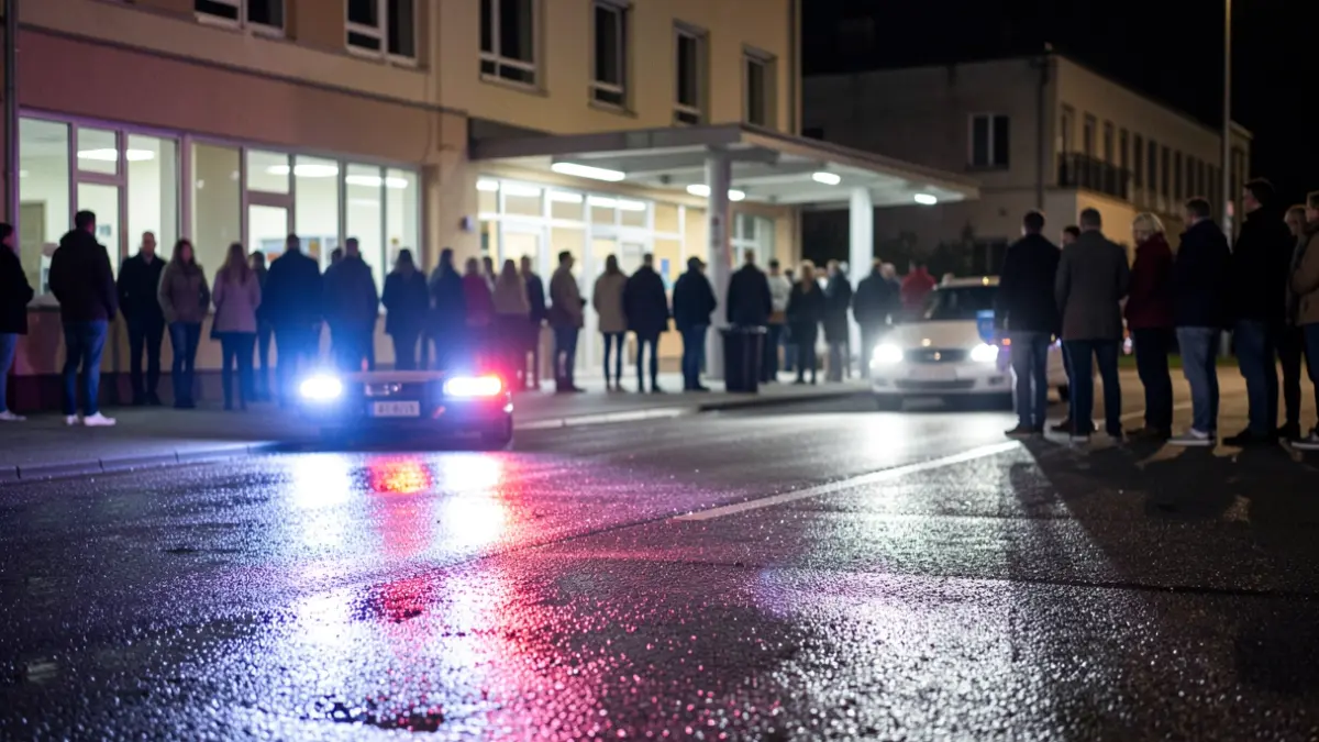 Imatge genèrica de llums d'emergència reflectint-se en asfalt mullat a la nit.