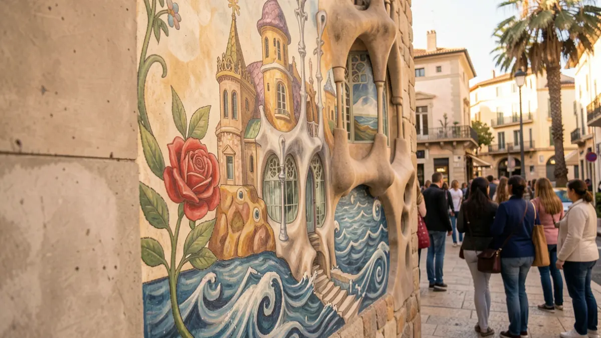 Detalle de un mural inspirado en Antoni Gaudí en Reus.