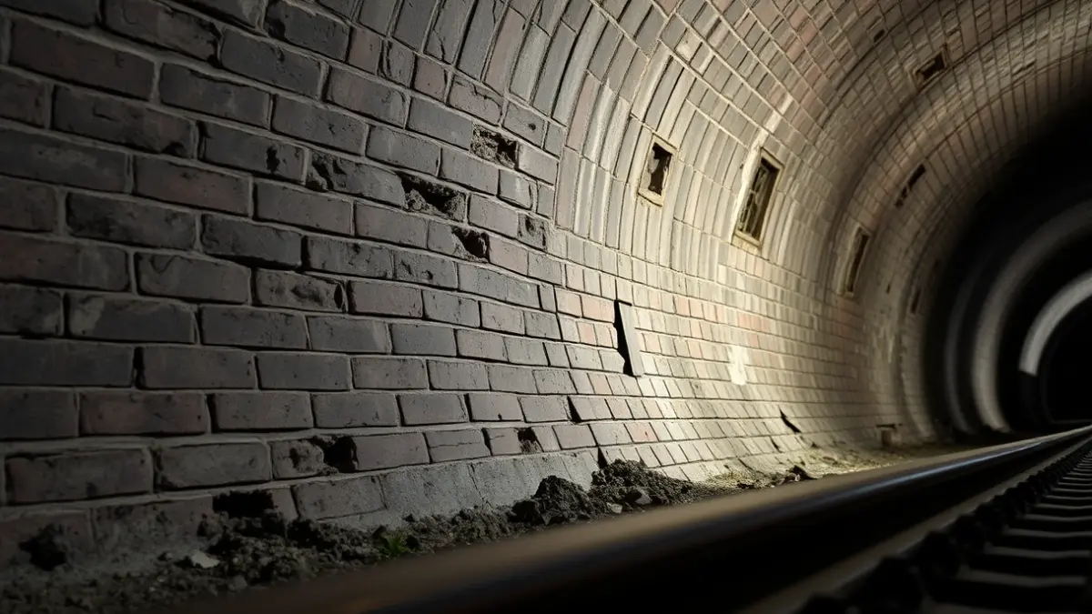 Imagen de un túnel ferroviario antiguo con grietas y deterioro.