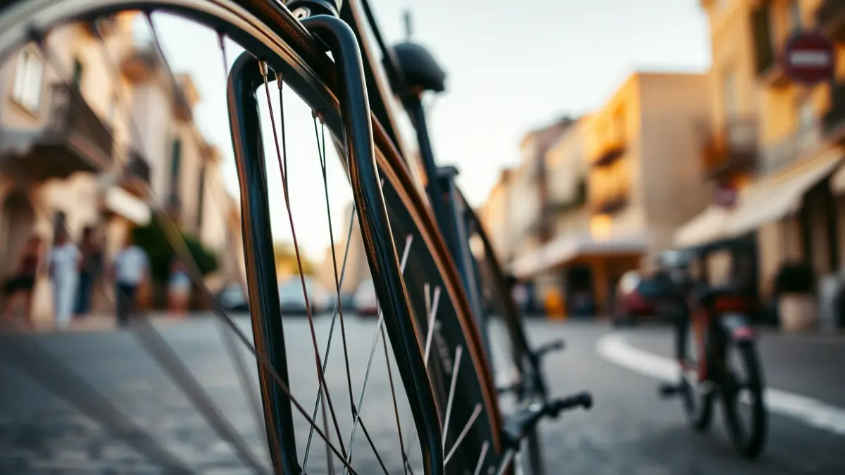 Generic image of a bicycle, with the wheel and frame in the foreground and a blurred urban background.