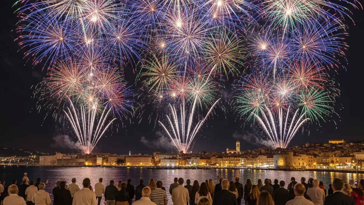 Focs artificials il·luminant el cel nocturn sobre una ciutat mediterrània.