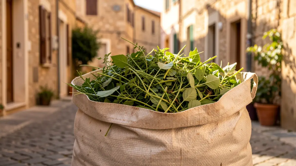 Bolsa reutilizable llena de restos vegetales en la calle.