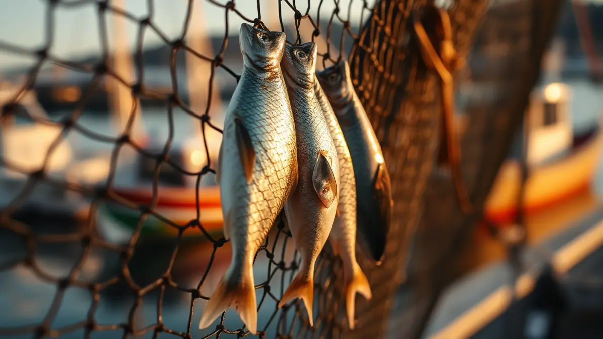 Imatge genèrica d'una xarxa de pesca amb peix, amb el port de fons.