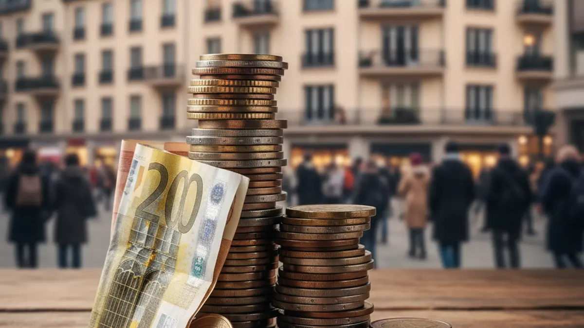 Monedes i bitllets d'euro sobre una taula de fusta, amb edificis d'apartaments desenfocats al fons.