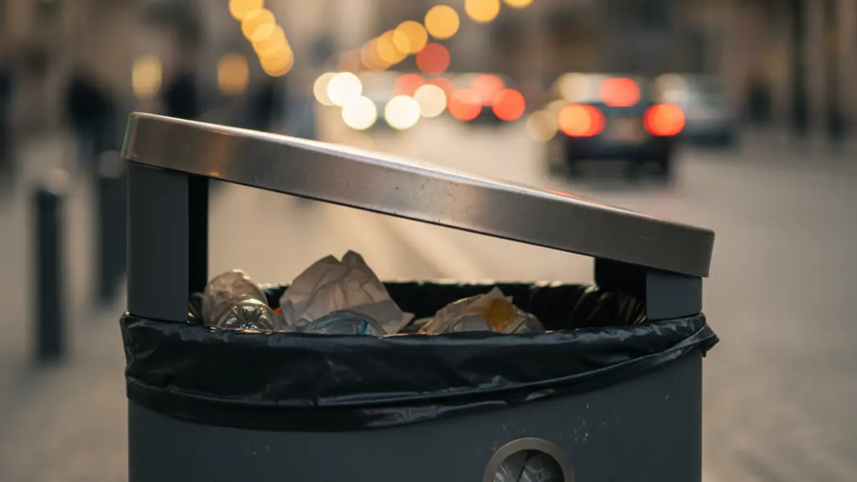 Generic image of a waste container in an urban setting.