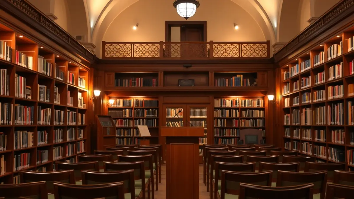 Generic image of a museum or library interior with bookshelves and a podium.
