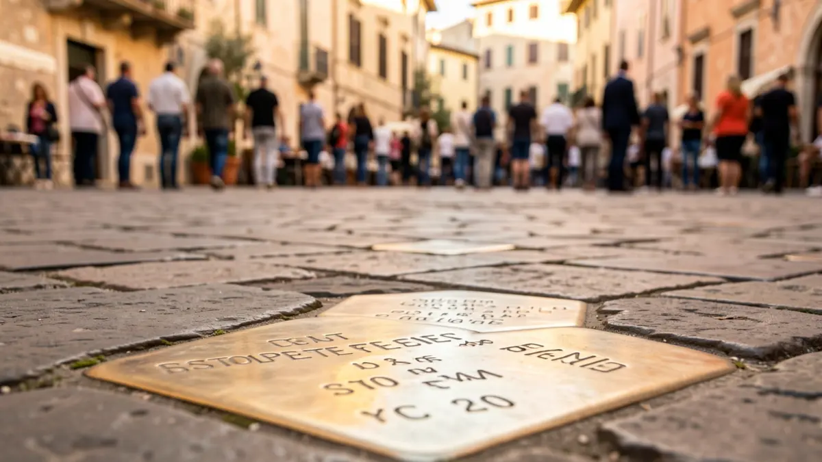 Generic image of historical memory stones on a town square pavement.