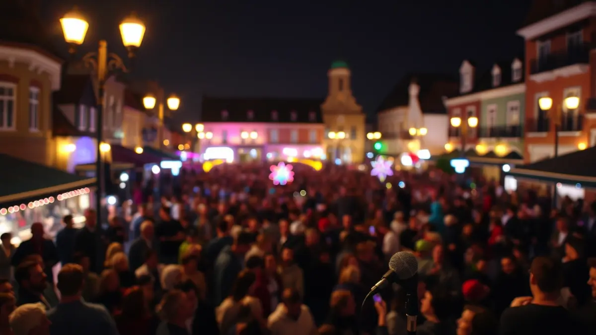 Imatge d'una plaça plena de gent durant una festa nocturna amb música i llums.