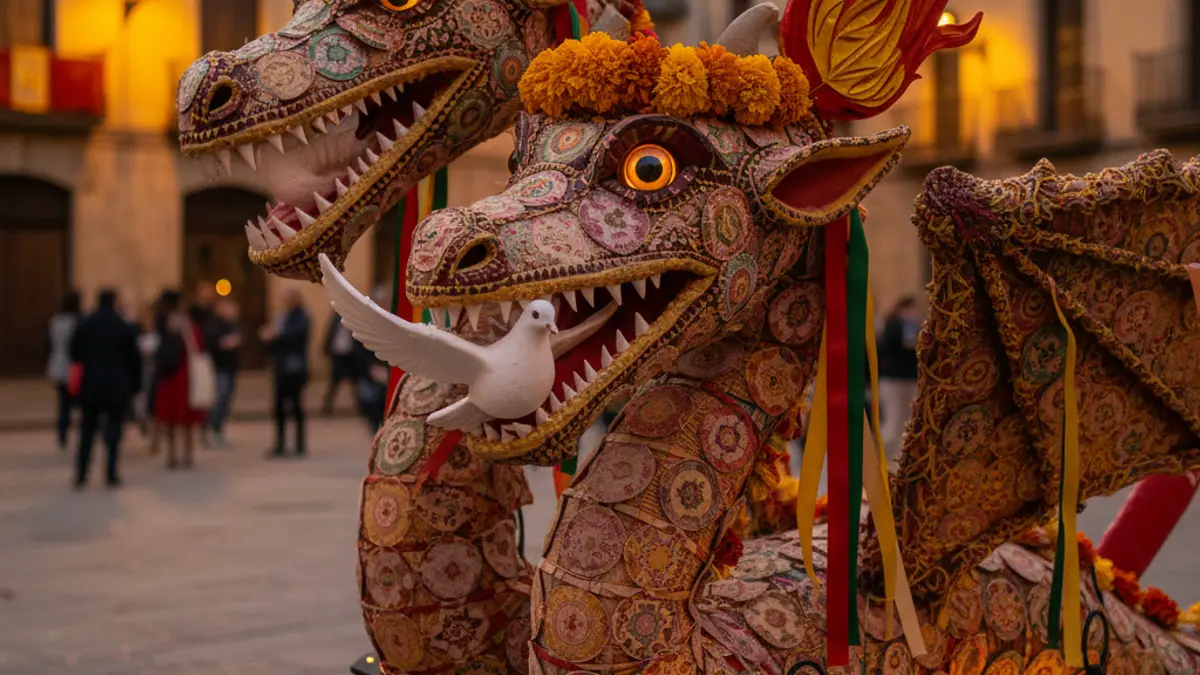 Image of lo Pedrafoc, Tàrrega's new festive beast, with two heads and a dove.