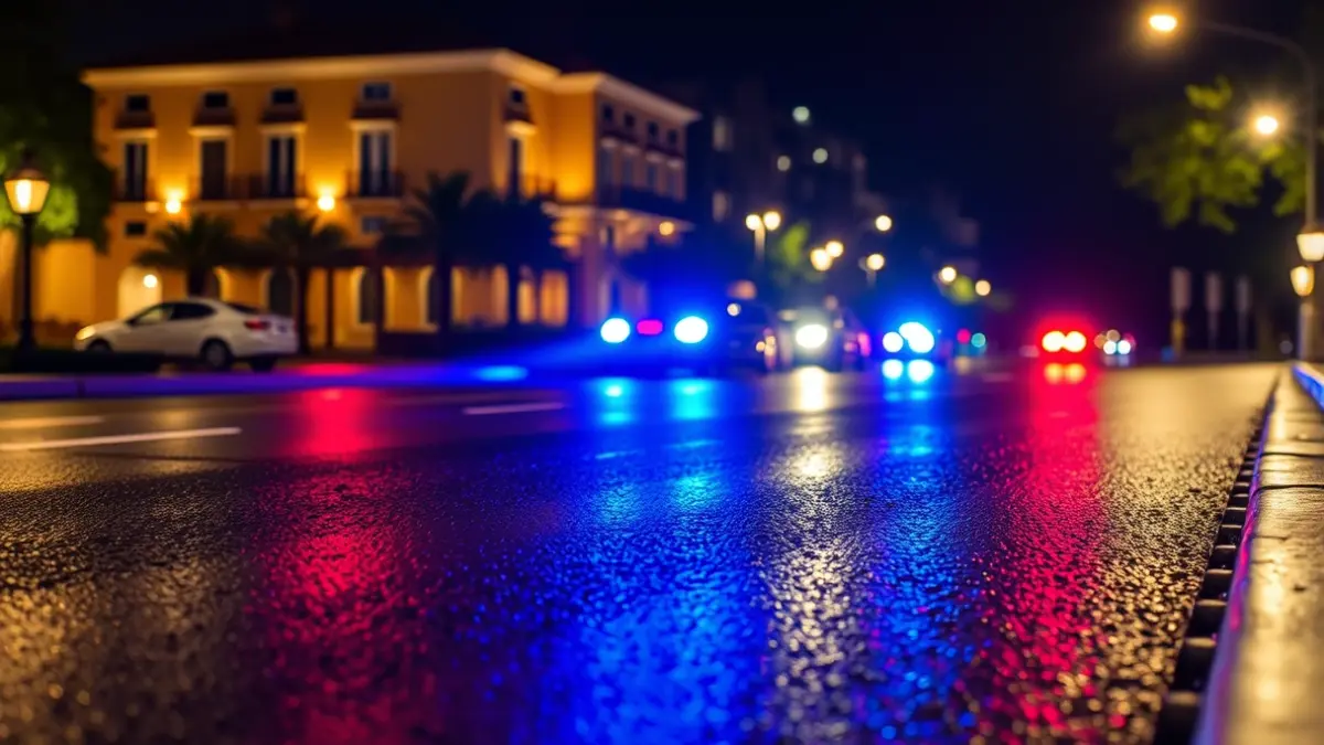 Imagen genérica de luces de emergencia reflejándose sobre el asfalto mojado en un entorno urbano.