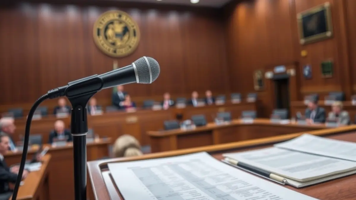Generic image of a microphone on a podium in a municipal council chamber.