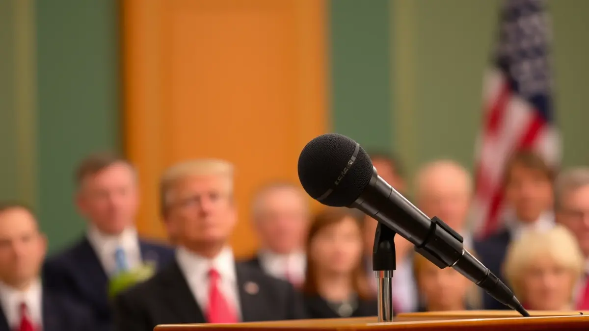 Generic image of a microphone on a podium, symbolizing political debate.