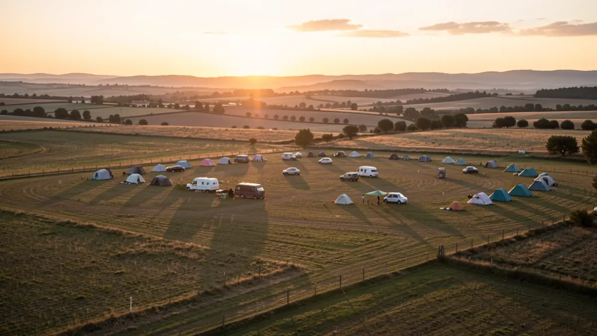 Generic image of a rural space with tents and vehicles at dusk.