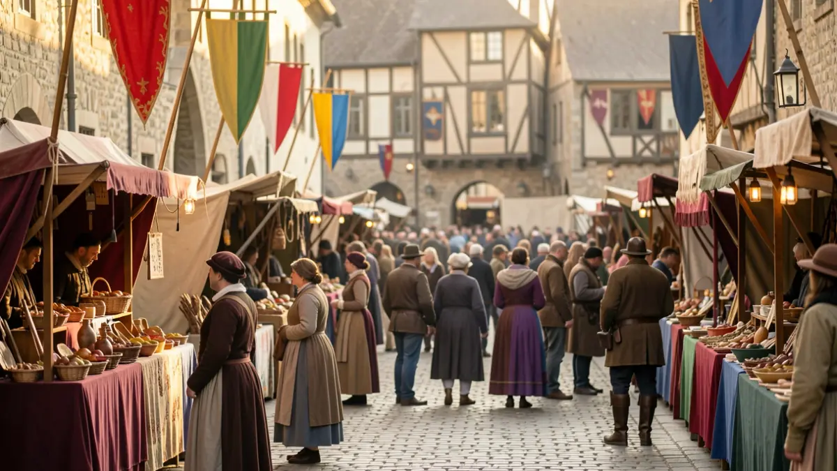 Imatge genèrica d'una fira medieval amb parades i gent.