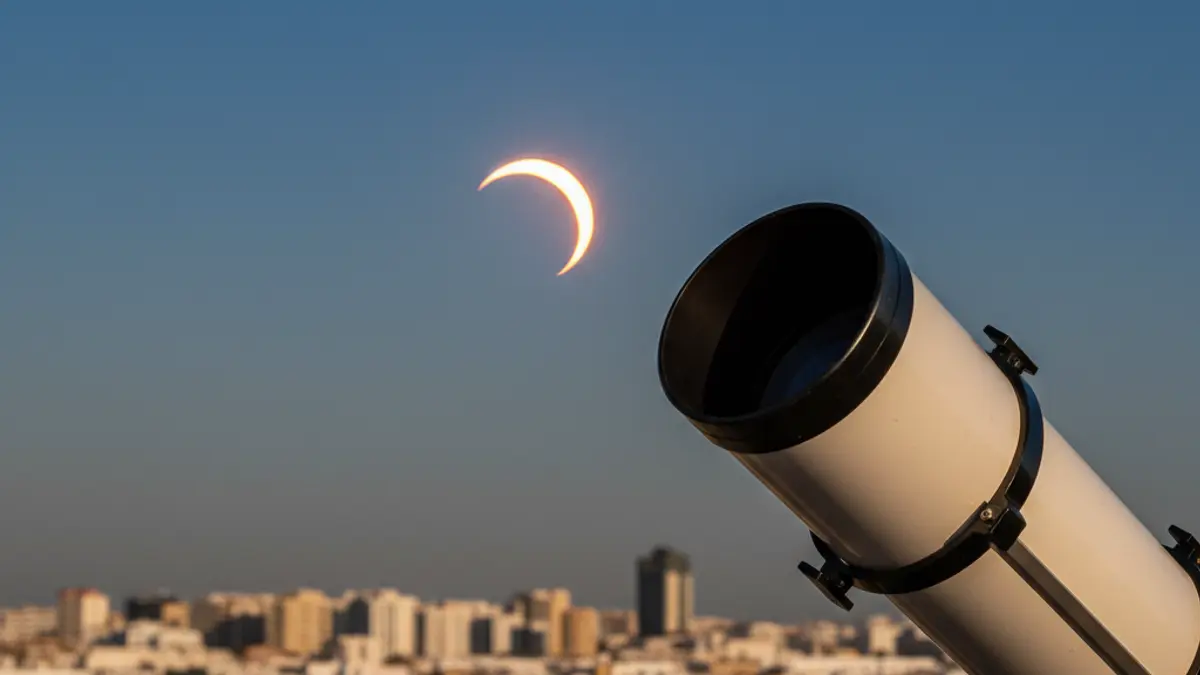 Image of a telescope pointing at a solar eclipse with a Mediterranean city in the background.