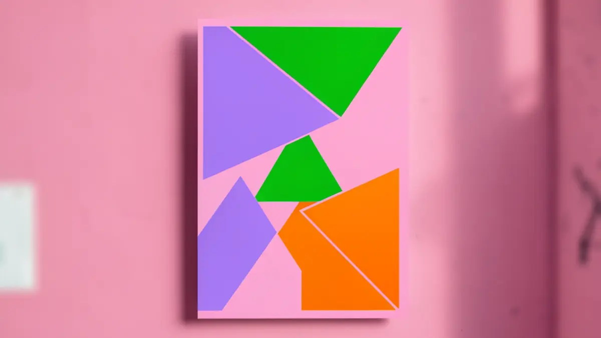 Imagen genérica de formas geométricas abstractas en colores vivos sobre fondo rosa, representando un diseño de cartel de fiesta.