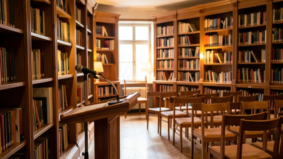 Interior de una biblioteca con estanterías de madera y un micrófono en un atril.
