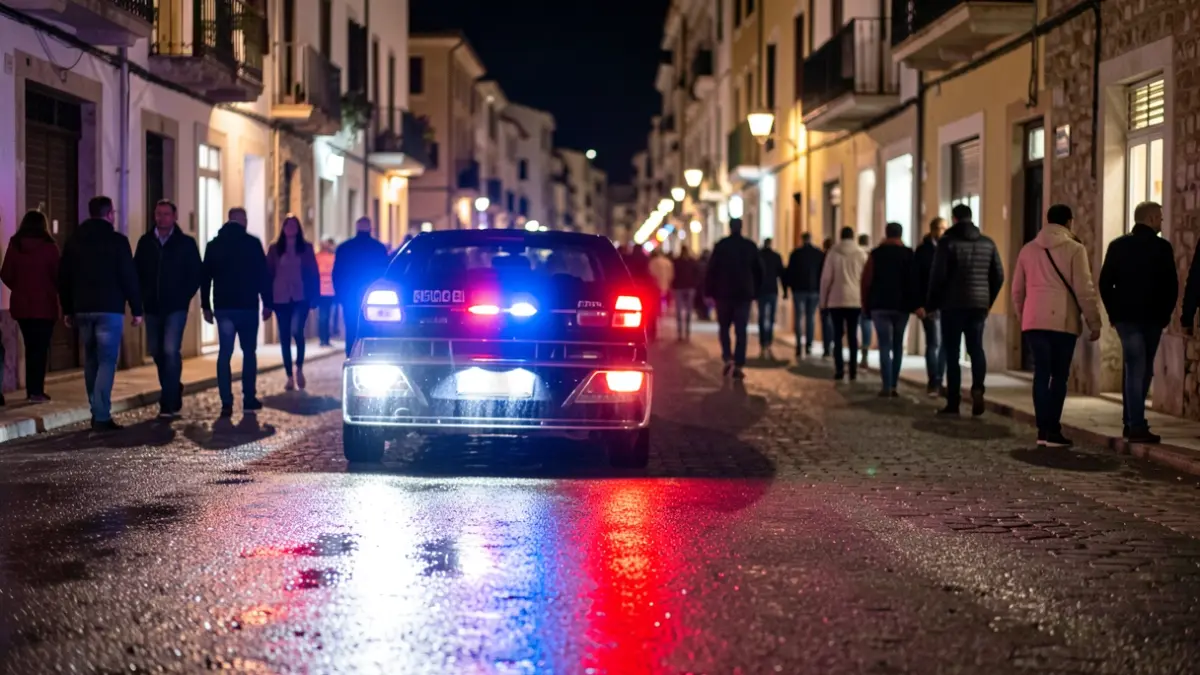 Generic image of police emergency lights reflecting on wet asphalt at night.