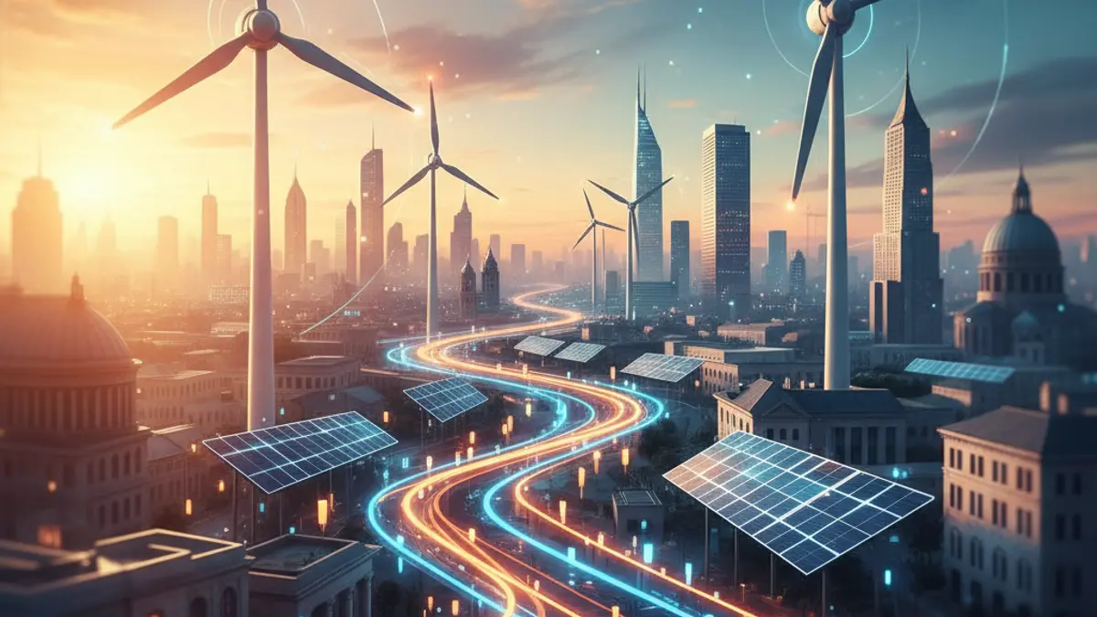 Generic image representing energy transition with renewable elements and a city.