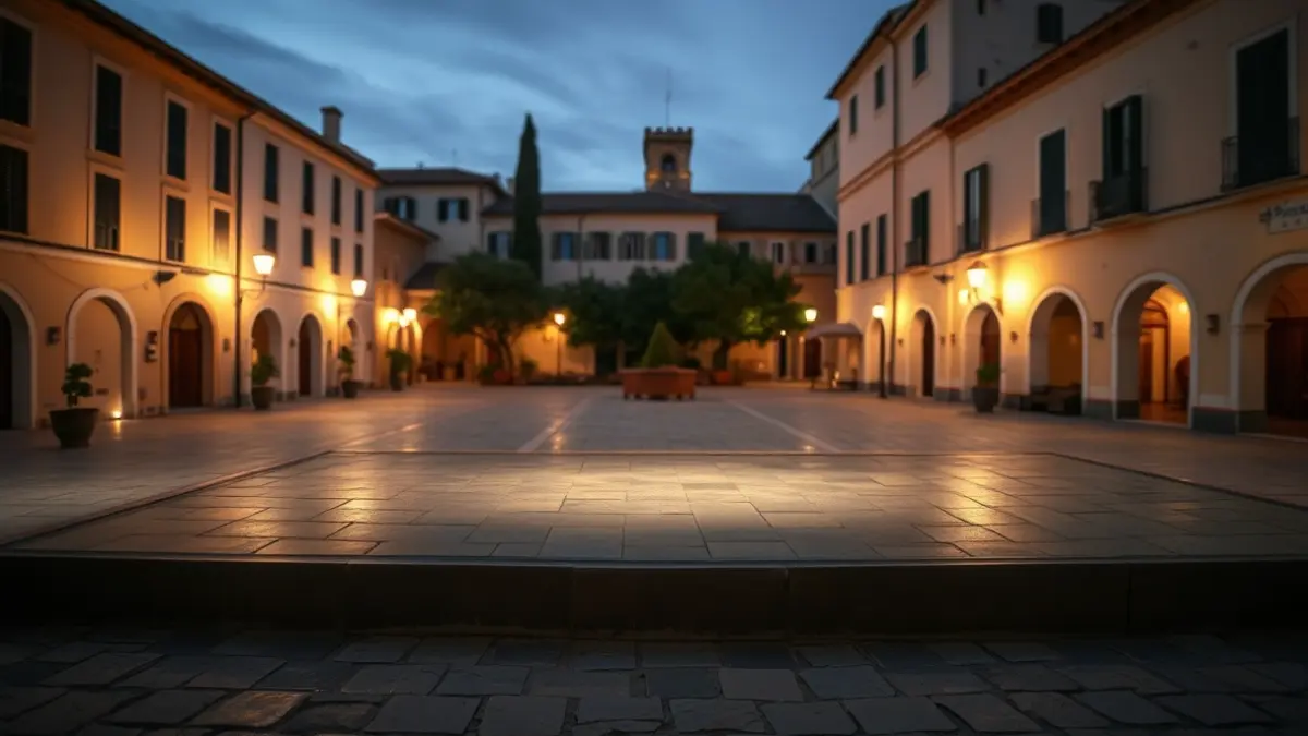 Escenari buit en una plaça de Tortosa, preparat per a una actuació de dansa.