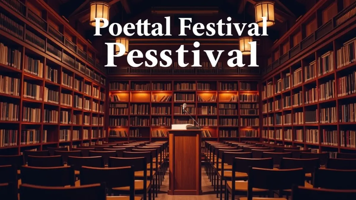 Imagen genérica de un espacio cultural con libros y un micrófono, simbolizando un festival poético.