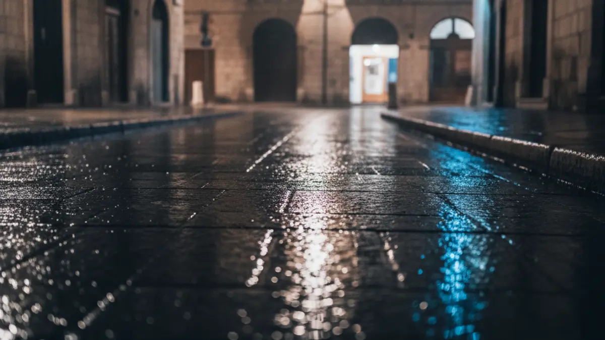 Generic image of emergency lights reflecting on wet asphalt in a Mediterranean urban setting.