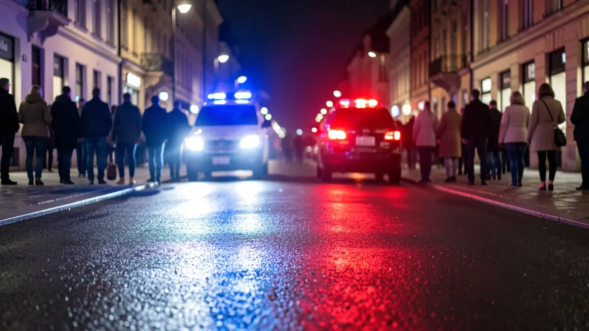 Generic image of police emergency lights reflecting on asphalt.