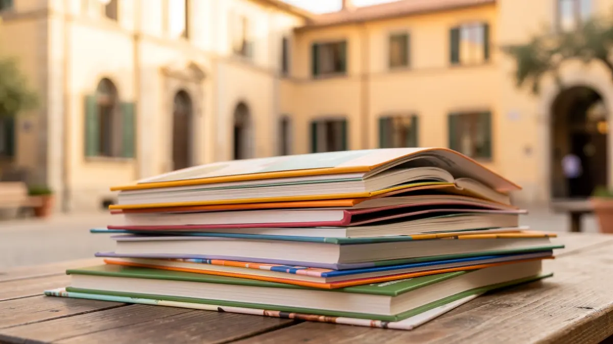 Generic image of books and a school with Mediterranean architecture.
