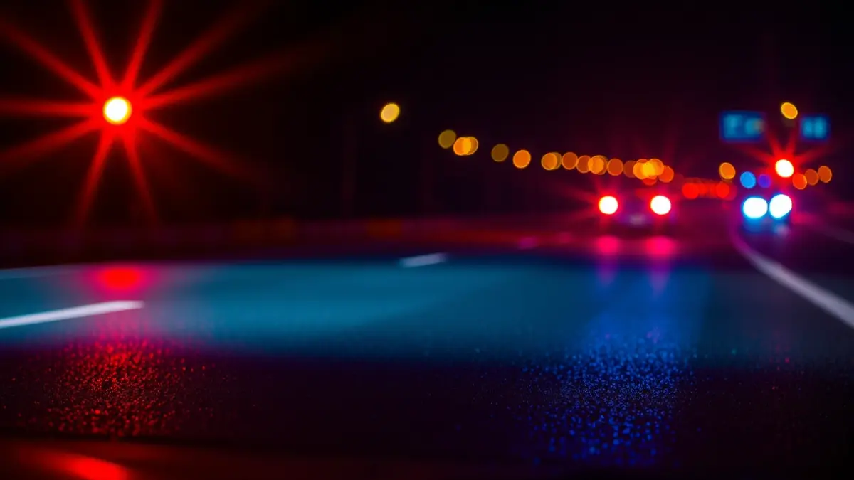 Generic image of emergency lights reflecting on wet asphalt on a highway.
