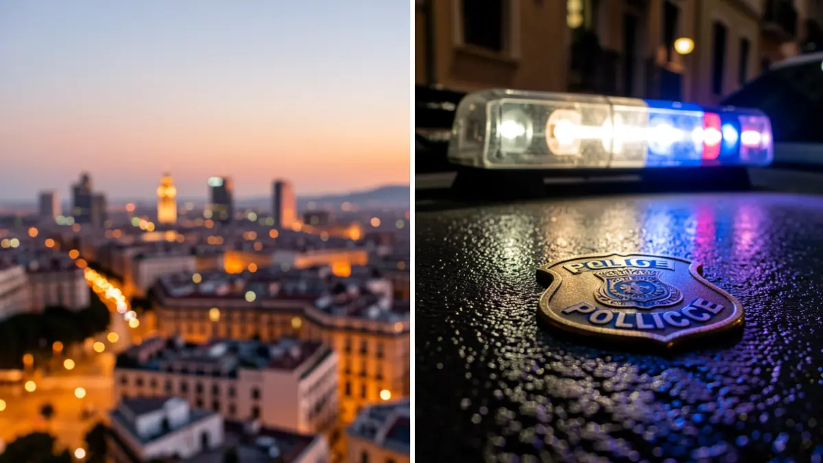 Imatge genèrica de la seguretat a Catalunya, combinant una vista de Barcelona amb elements policials.