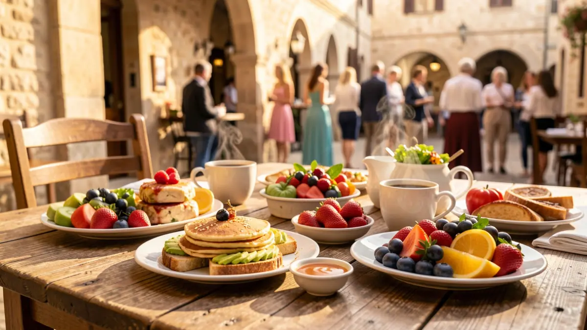 Imagen genérica de un desayuno brunch con varios platos y café.