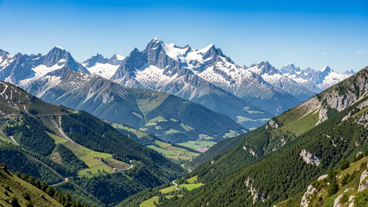 Imagen genérica de los Pirineos de Catalunya con valles verdes y picos nevados.