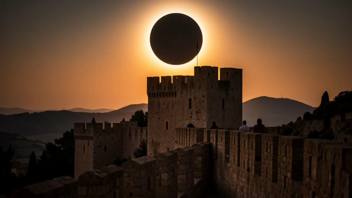 Generic image of a total solar eclipse over a medieval castle.