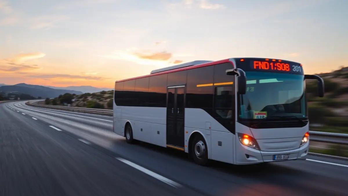 Generic image of an intercity bus in motion at sunset.