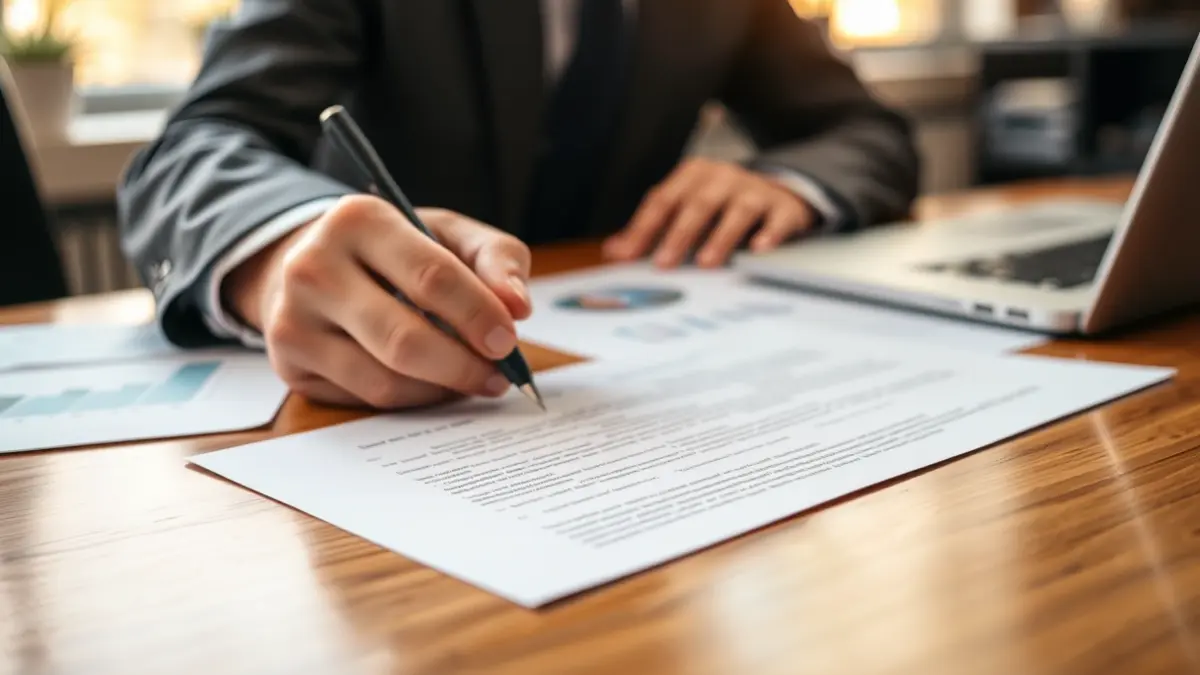 Generic image of hands signing a document in a professional setting.