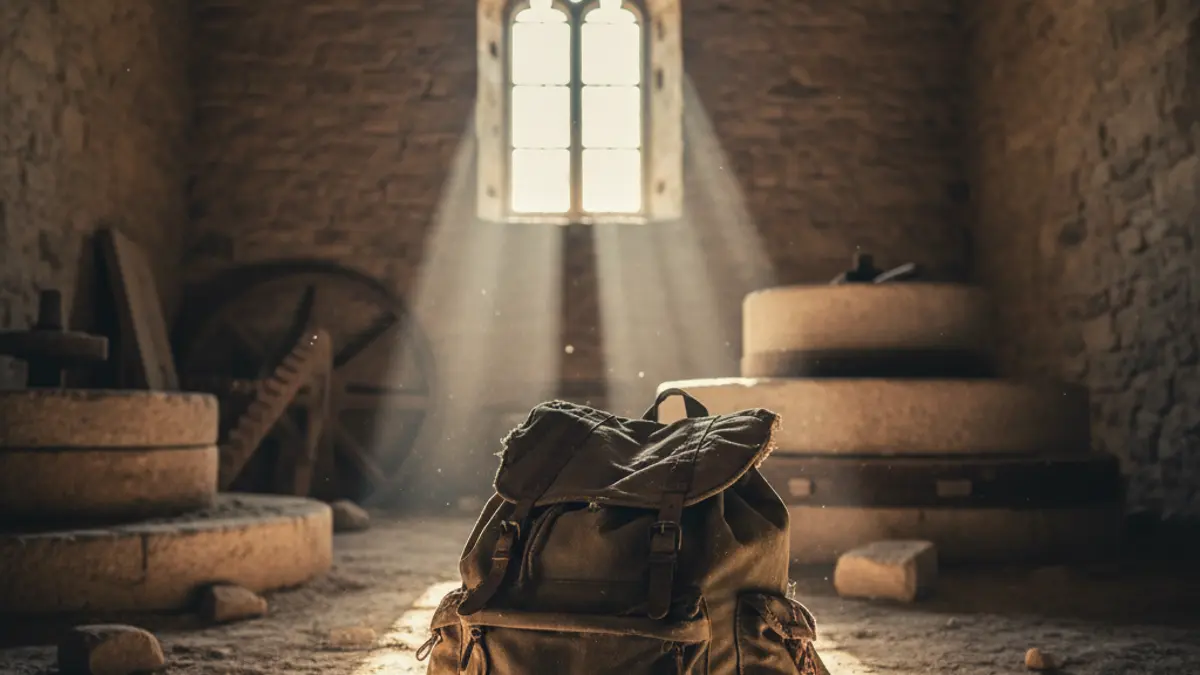 A weathered, old backpack in an abandoned mill, illuminated by sunlight.