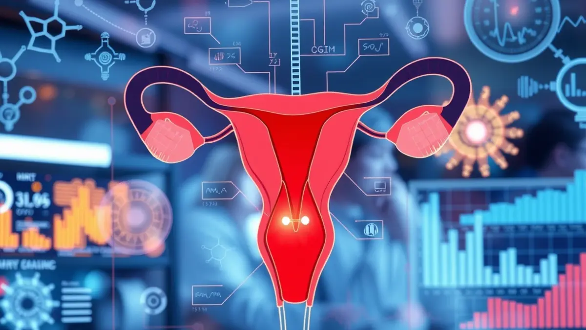 Generic image of a female reproductive system diagram with molecular elements and data