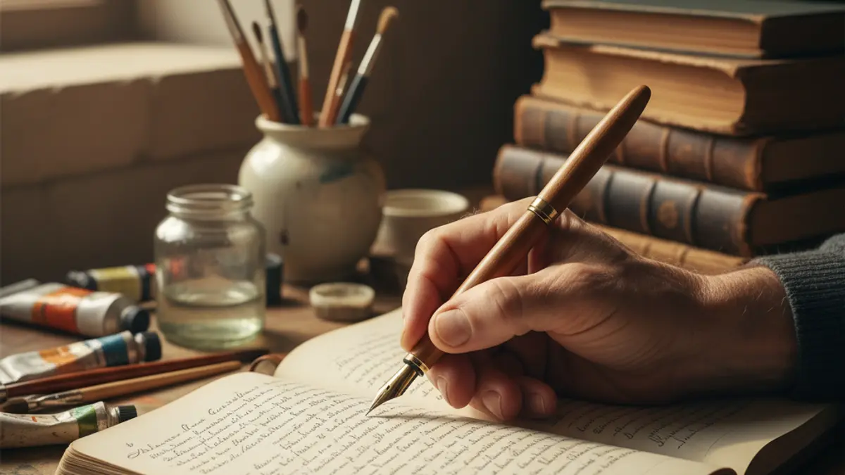 Image of a hand writing in a notebook, with books and art supplies in the background.