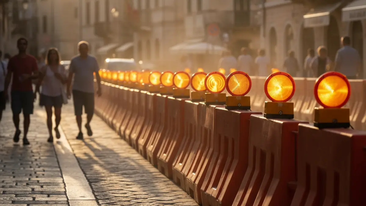 Construction barriers and luminous signs on a street in Terrassa