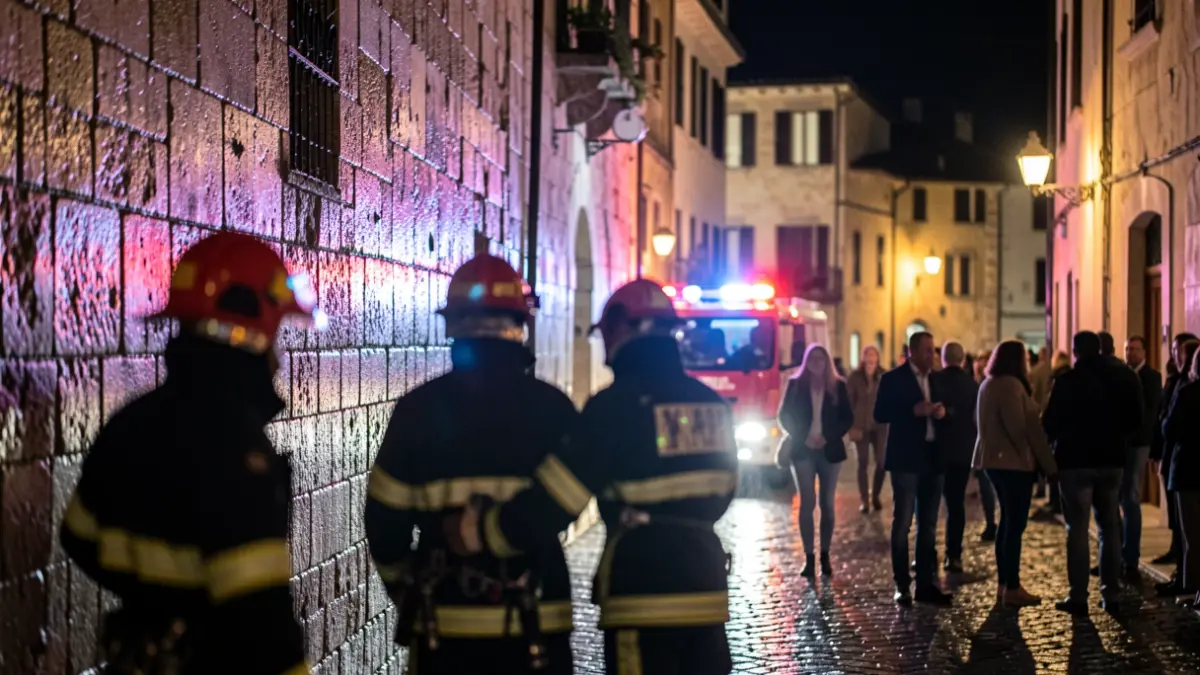 Imagen de un dispositivo de emergencias en un entorno urbano con luces reflejadas.