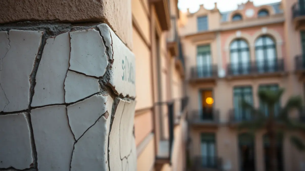 Image of a detail of a modernista building with cracks in its decoration.