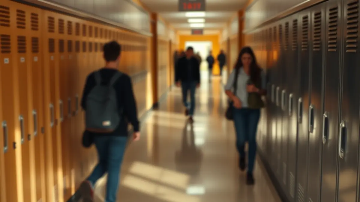 Generic image of a school hallway with lockers and blurred student figures.