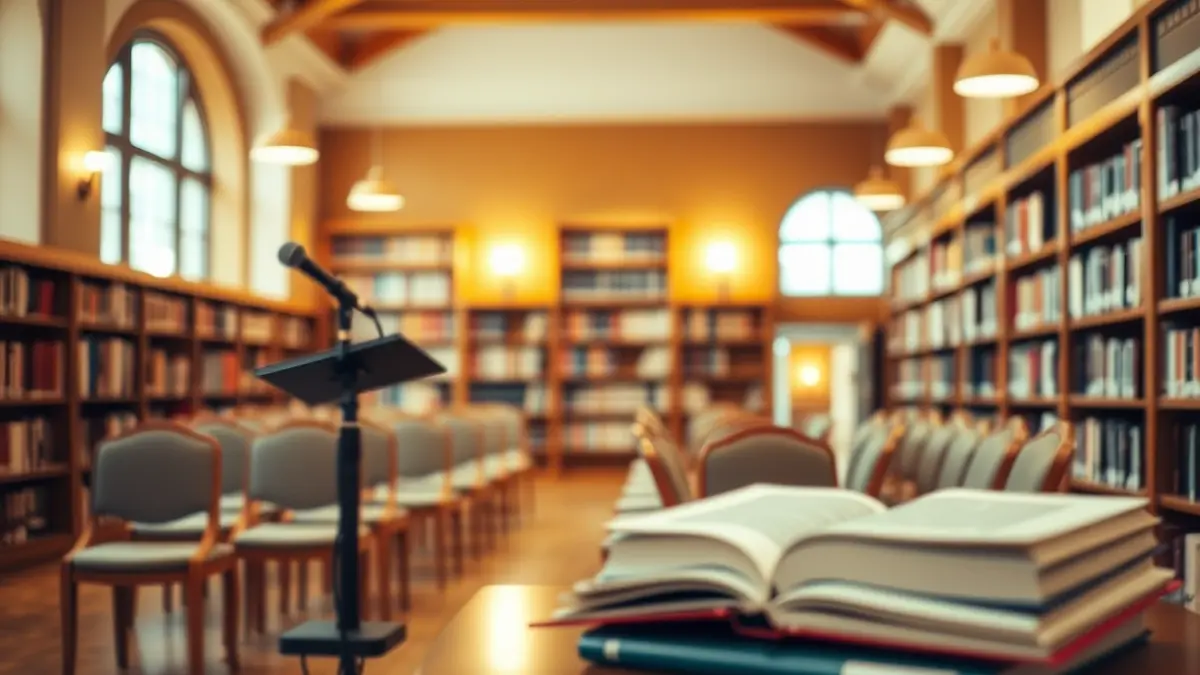 Imatge genèrica d'una biblioteca amb llibres i un micròfon, simbolitzant una presentació literària.