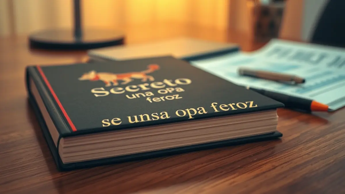 Book 'Secretos de una opa feroz' on a desk with blurred financial documents.