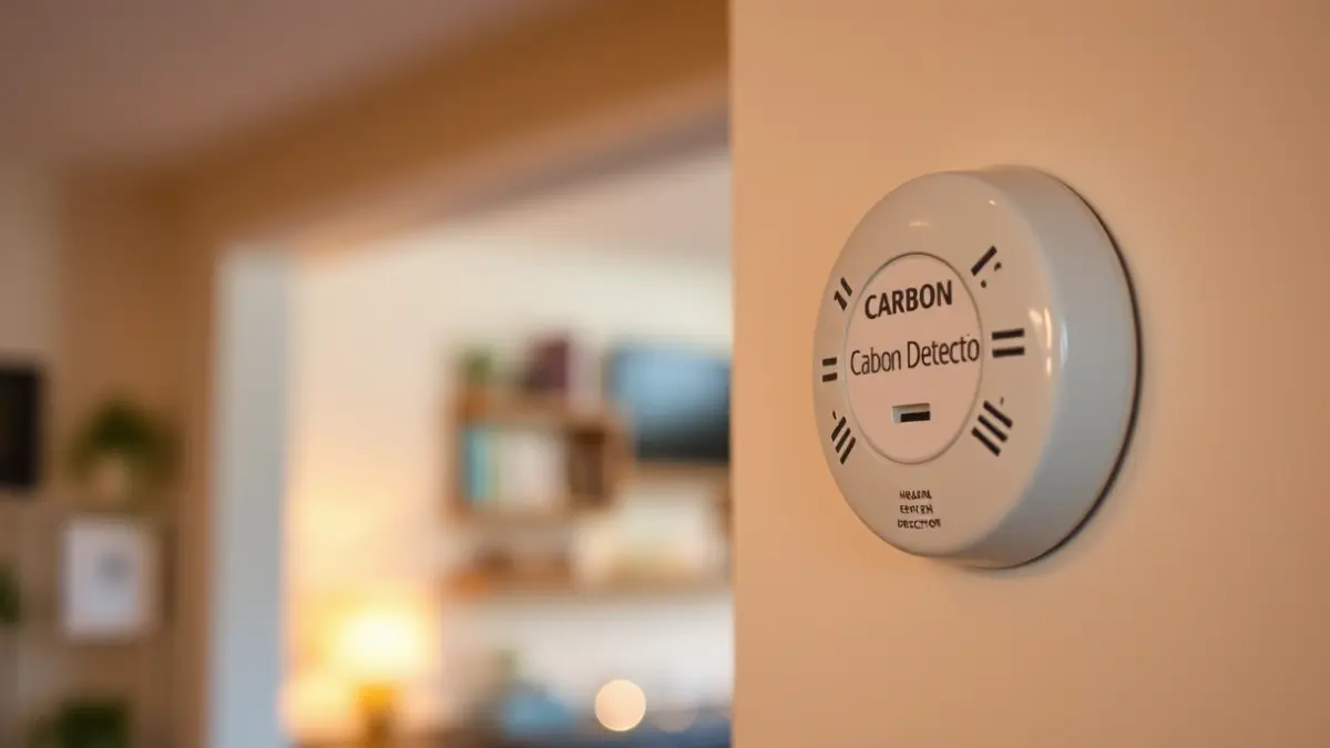 Detector de monòxid de carboni en una paret, amb un fons interior residencial desenfocat.