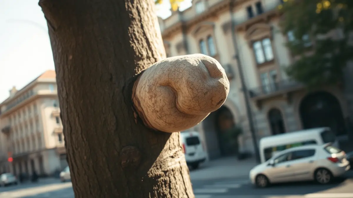 Image of a plane tree with a tumor on its trunk next to a historic building in Barcelona.