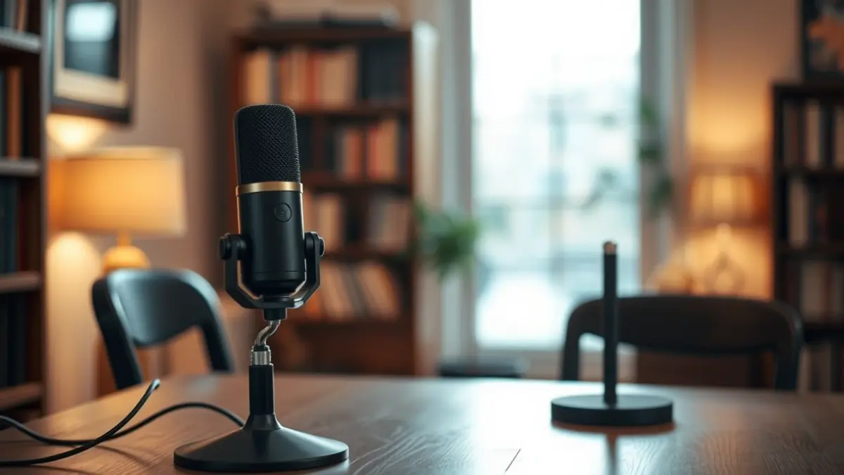 Generic image of a microphone in a podcast recording studio.
