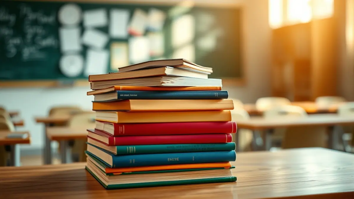 Imagen genérica de libros de texto en un pupitre escolar, simbolizando la educación.