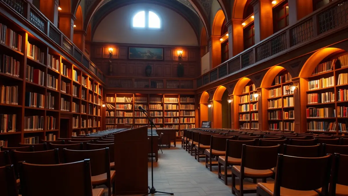 Imagen genérica de un salón de actos o biblioteca con un atril y sillas vacías, iluminación cálida.