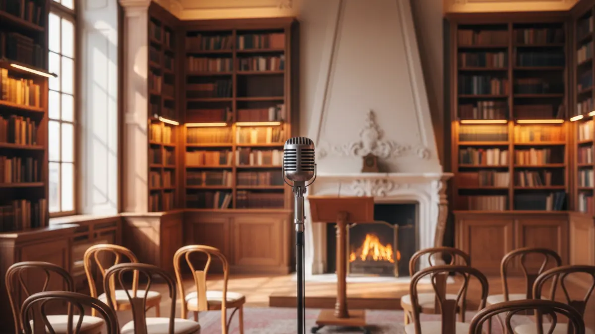Generic image of a library interior with a microphone, representing a cultural setting.